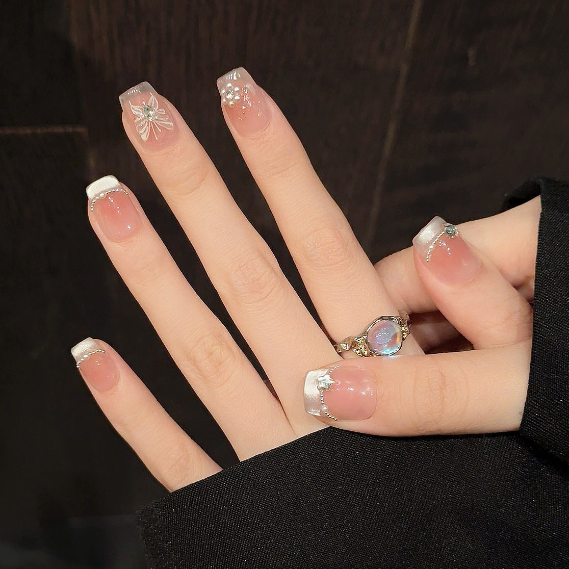 Nails 215-French Crystal Cat Eye Hand Painted Chain Butterfly Nail Art