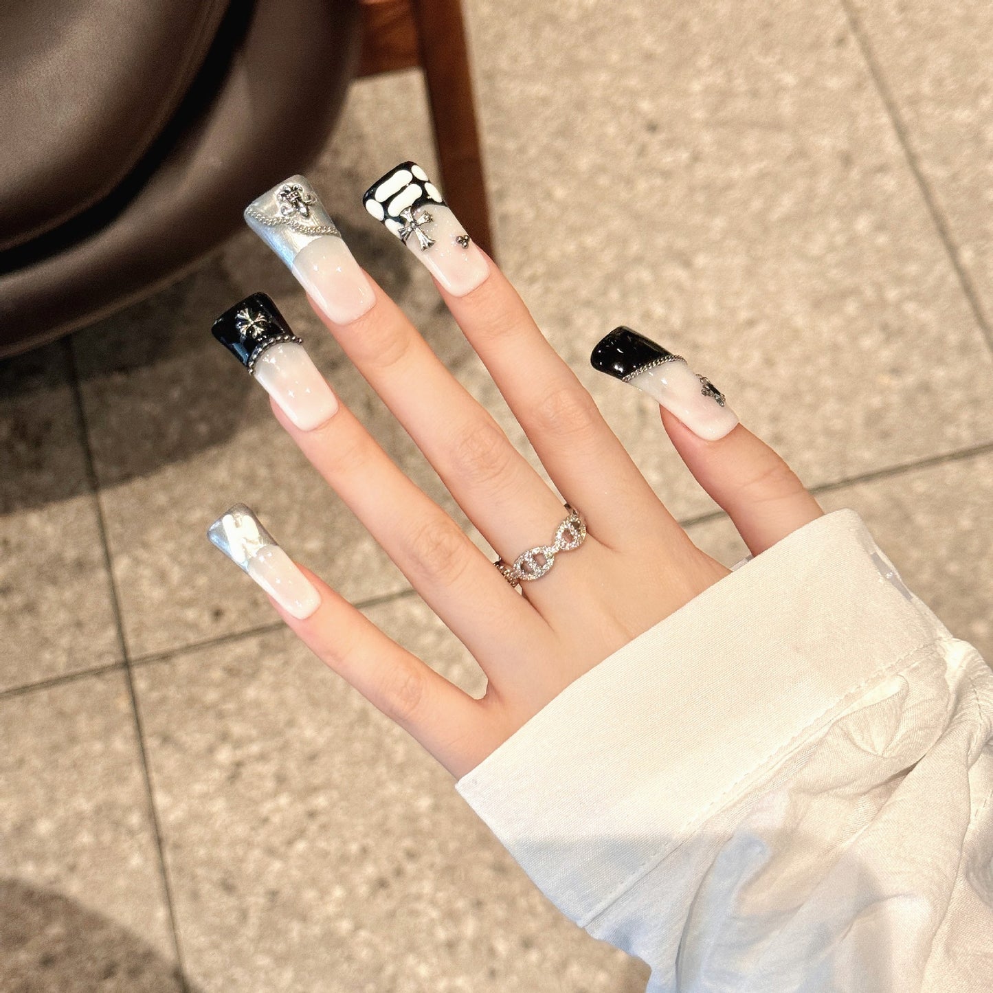 Nails 048-Moon Starburst Hand Painted Halo Gothic Dark Black Nail Art