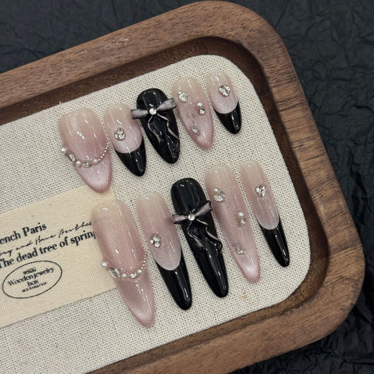 Nails 206-Pink and Purple Cat's Eye Crushed Diamonds Nail Art