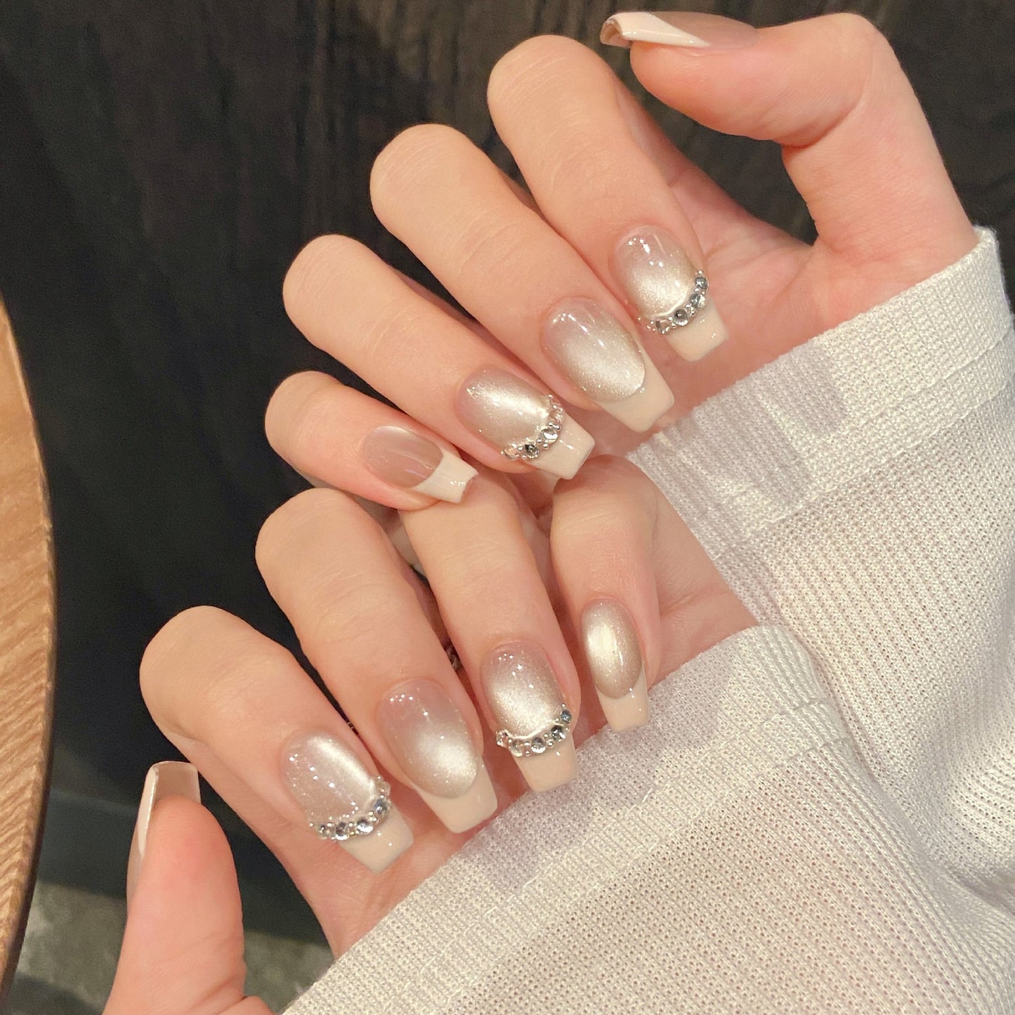 Nails 049-French Glitter Glass Bead Cat Eye Manicure