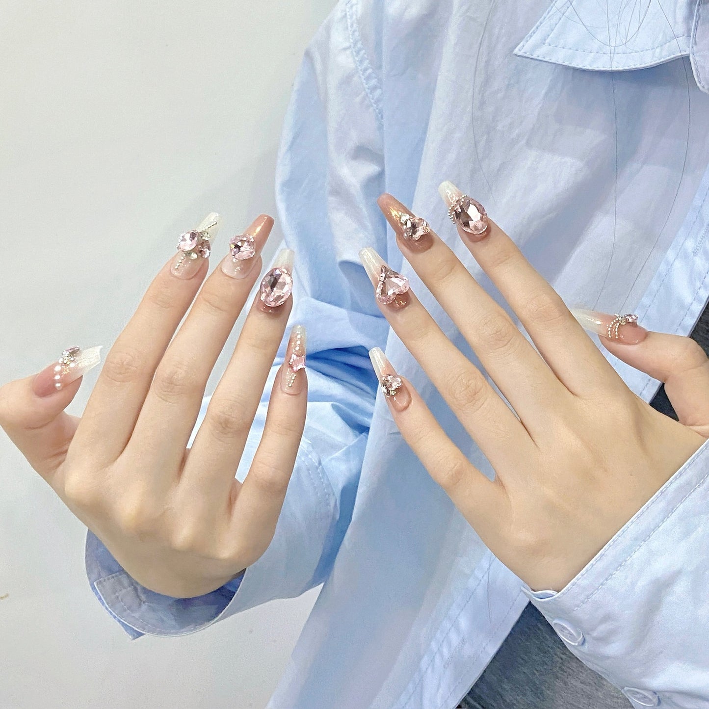 Nails 166-Love Pink Diamond Gradient Blush Nail Art