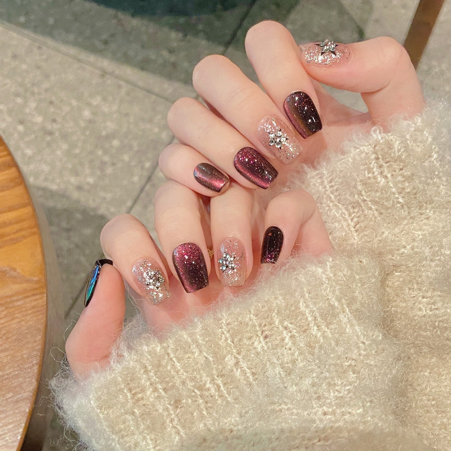 Nails 214-Crystal Starry Night Cat Eye Nail Art