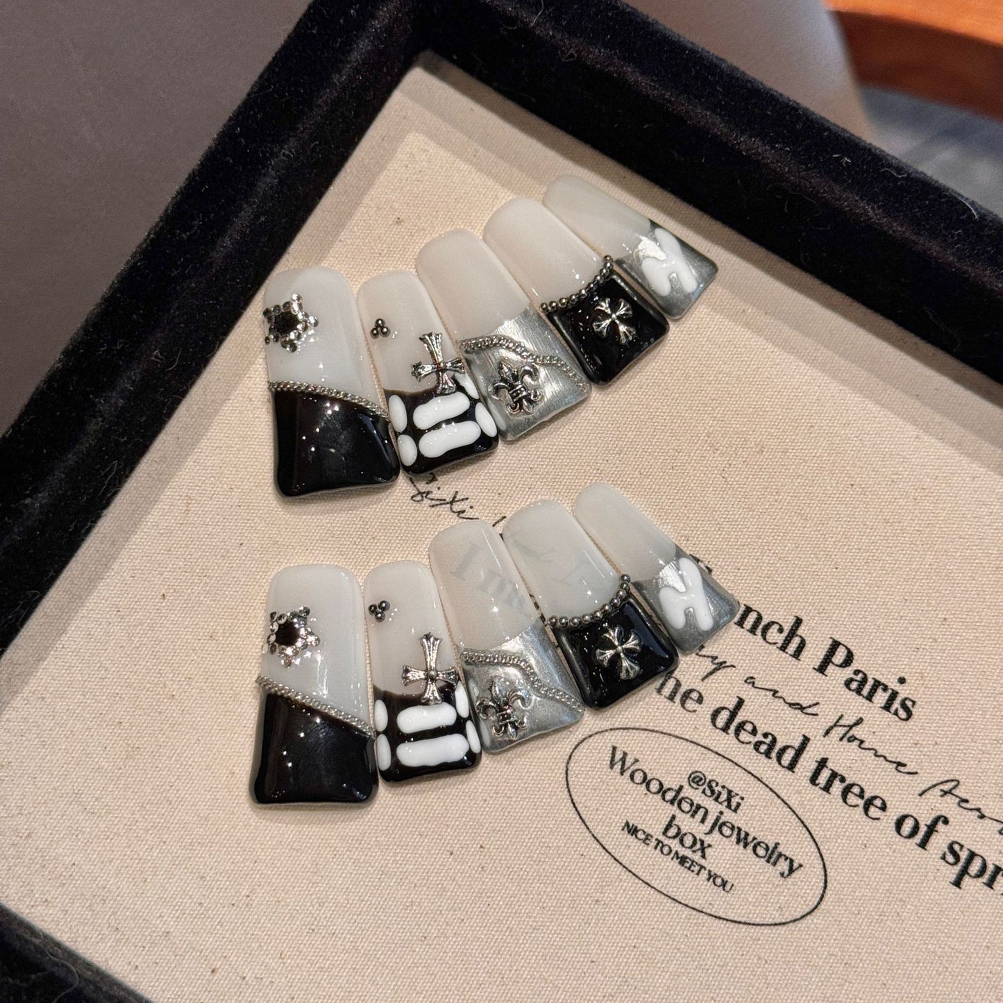 Nails 048-Moon Starburst Hand Painted Halo Gothic Dark Black Nail Art