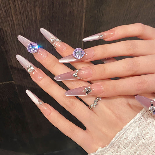 Nails 020-Nail art with purple beveled edges and diamonds
