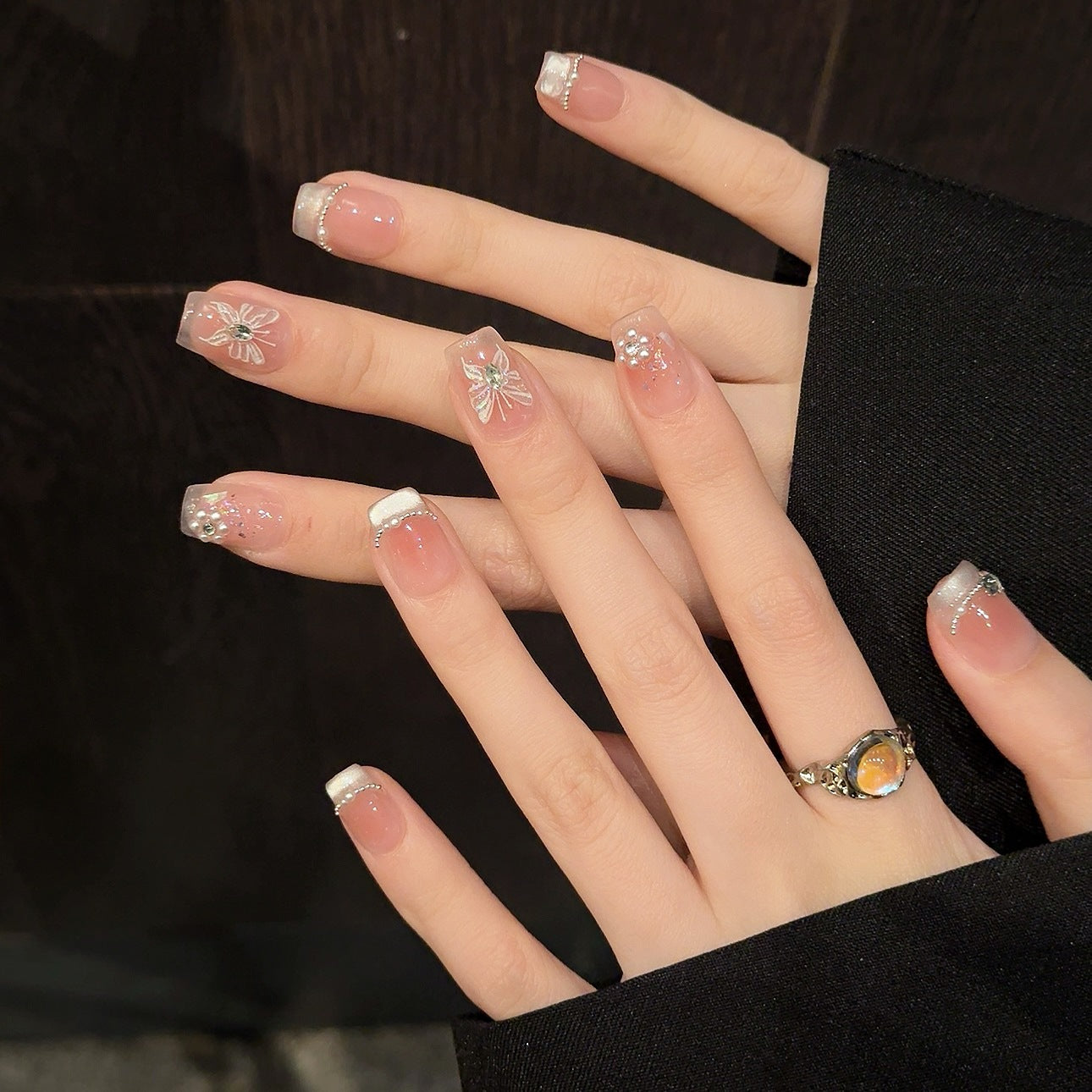 Nails 215-French Crystal Cat Eye Hand Painted Chain Butterfly Nail Art