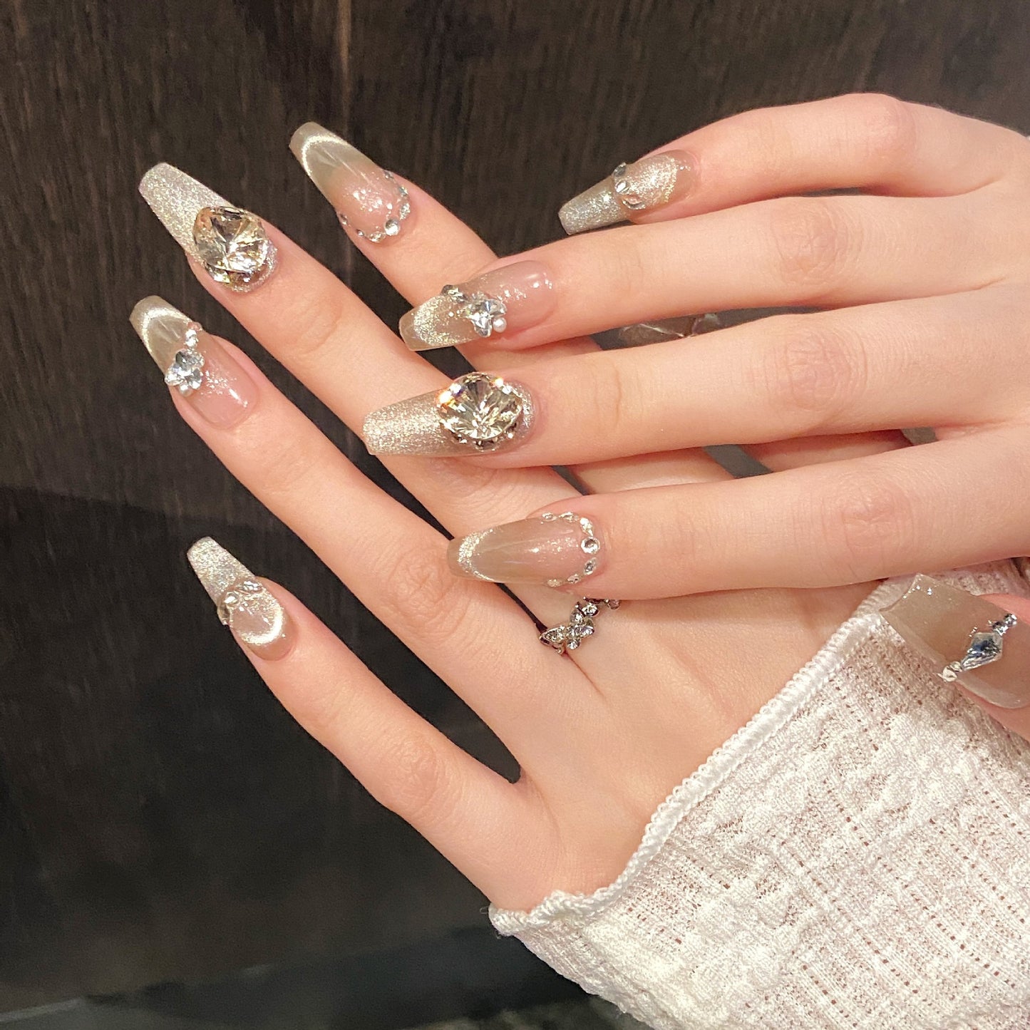 Nails 178-Past Clouds French Smile Cat Eye Glitter Nail Art