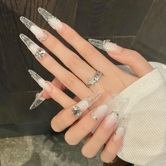 Nails 040-Ice Translucent Burst Glitter Shattered Diamonds Gradient Nail Art