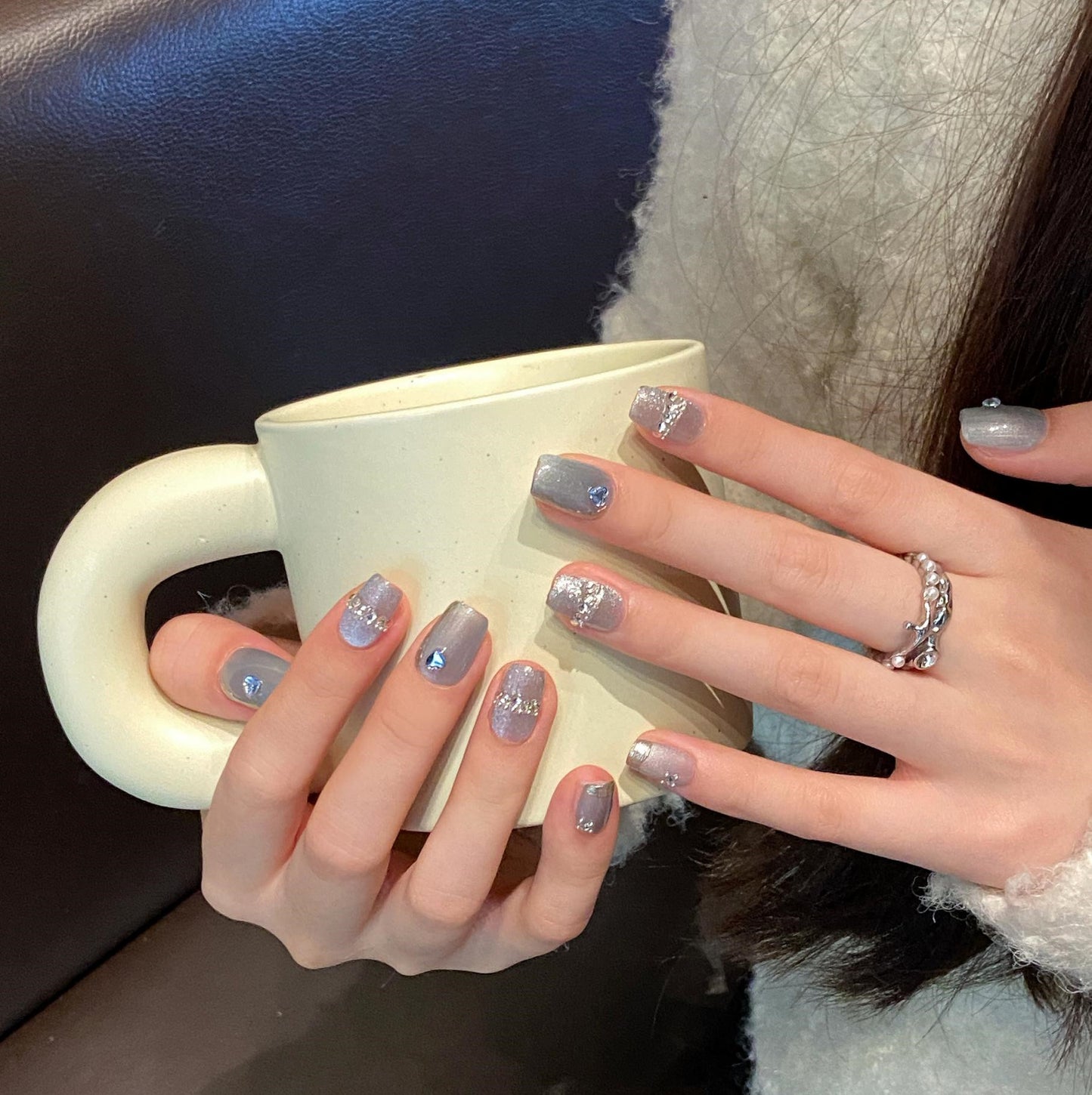 Nails 034-Glacier Secret Mirror Blue Glass Bead Cat Eye Manicure