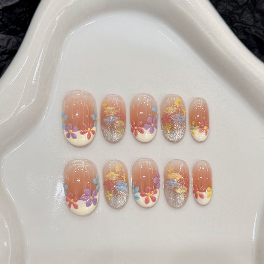 Nails 253-Oil Painting Love Poem Birds and Blooms Blush Cat Eye Nail Art