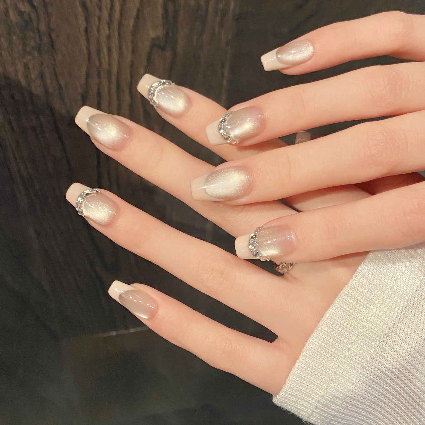 Nails 049-French Glitter Glass Bead Cat Eye Manicure