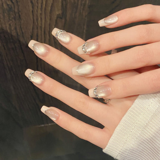 Nails 049-French Glitter Glass Bead Cat Eye Manicure