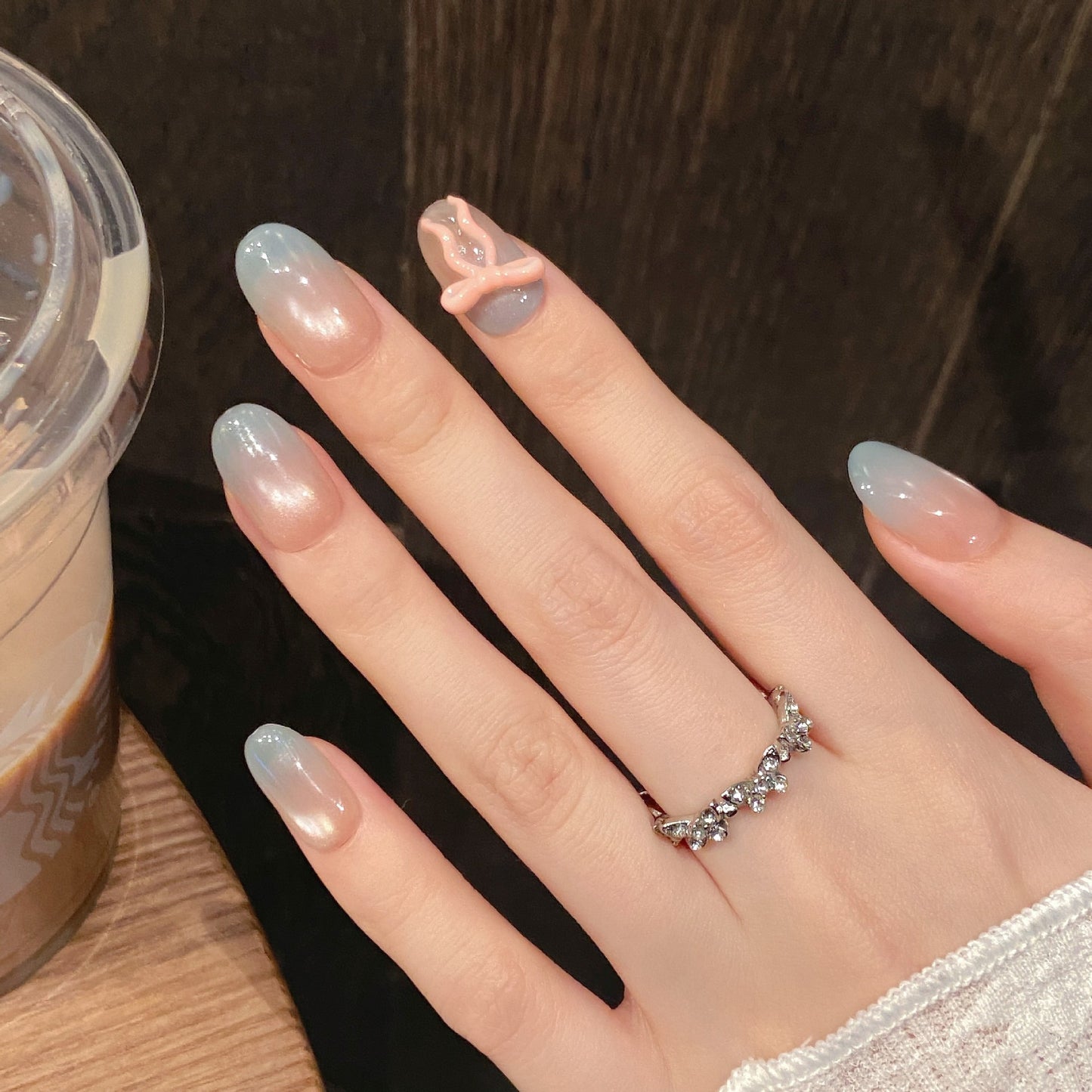 Nails 047-Cold Mist Bow Girly Dreamy Nail Art