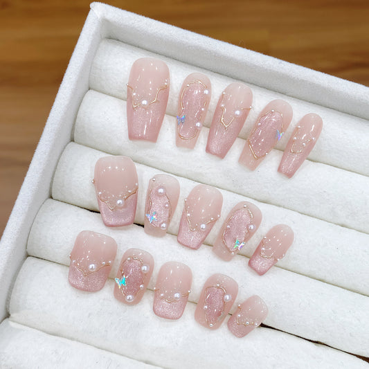Nails 027-Midsummer Dream Nude Cat Eye Manicure