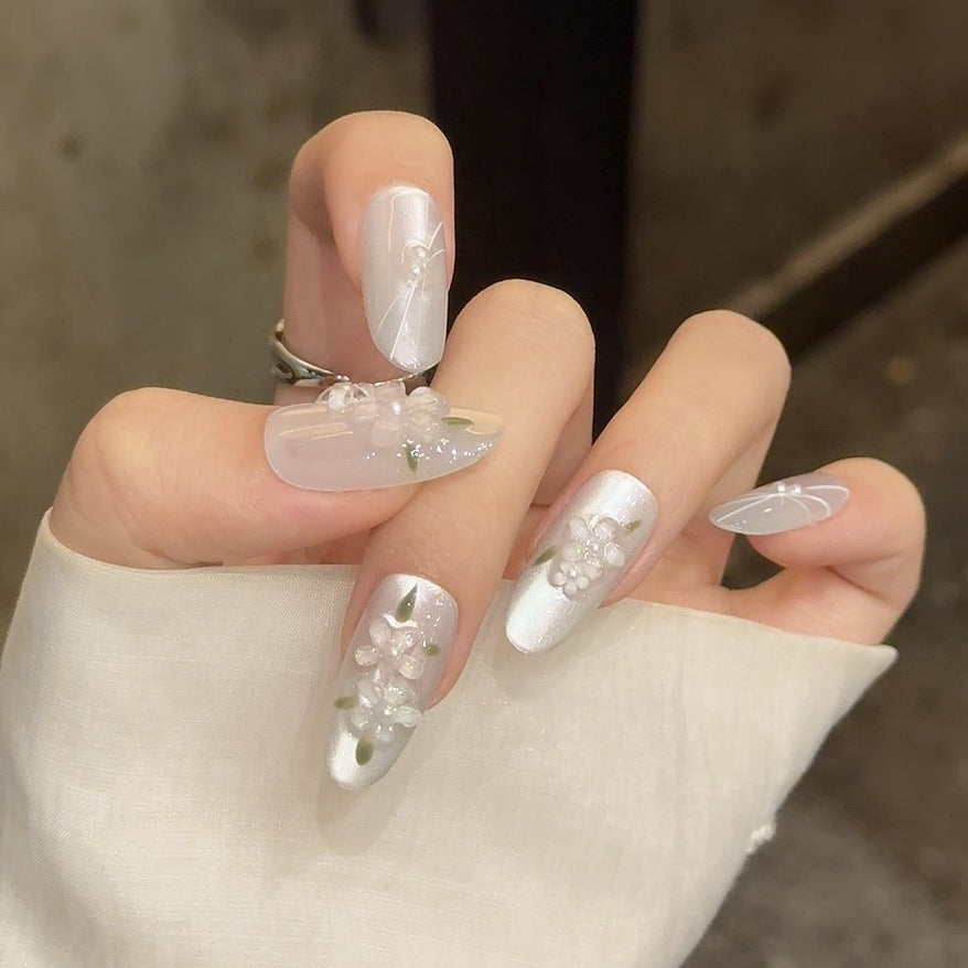 Nails 231-Gardenia Tea Smoothie Flower Cat Eye Nail Art