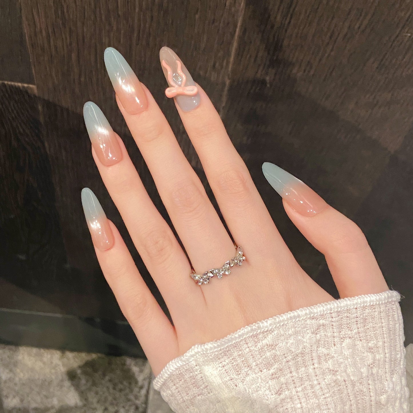 Nails 047-Cold Mist Bow Girly Dreamy Nail Art