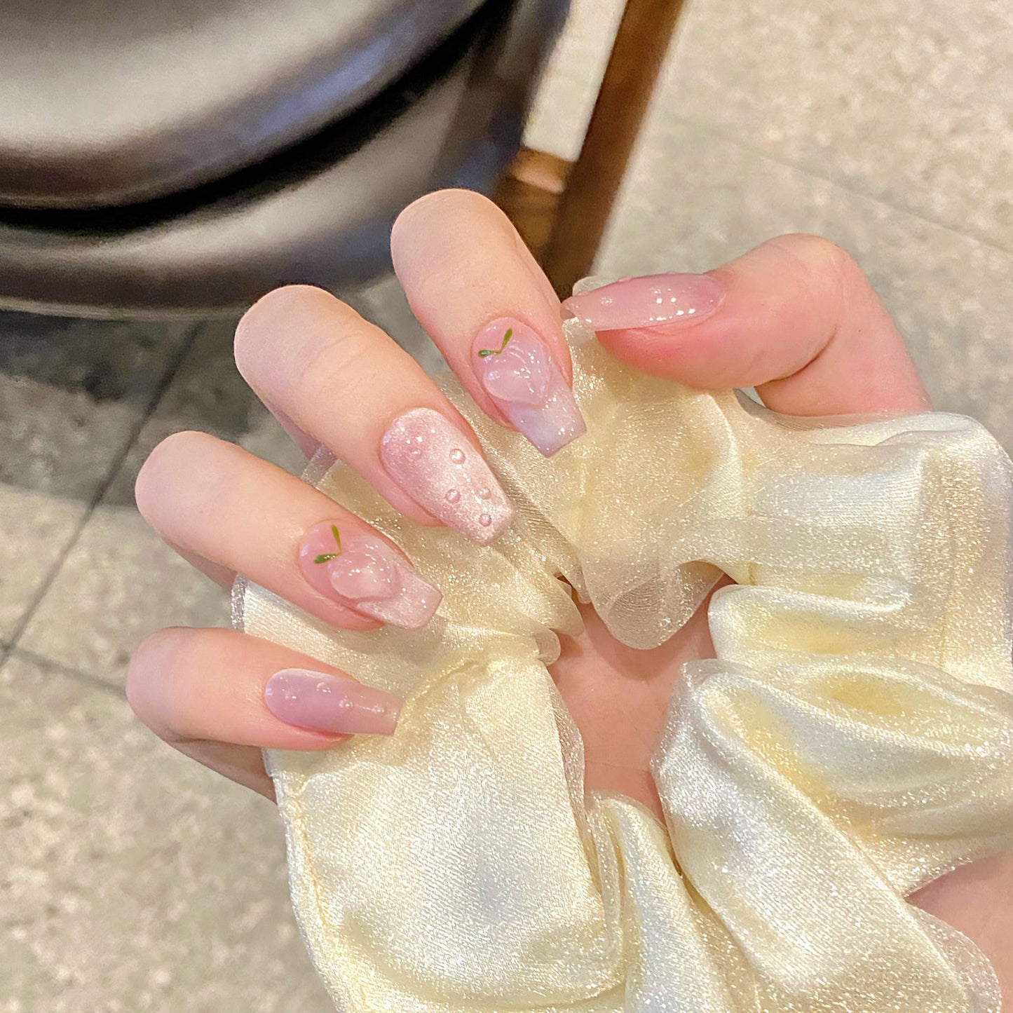 Nails 041-Ice Translucent Peach Blush Girly Pink Short Nail Art