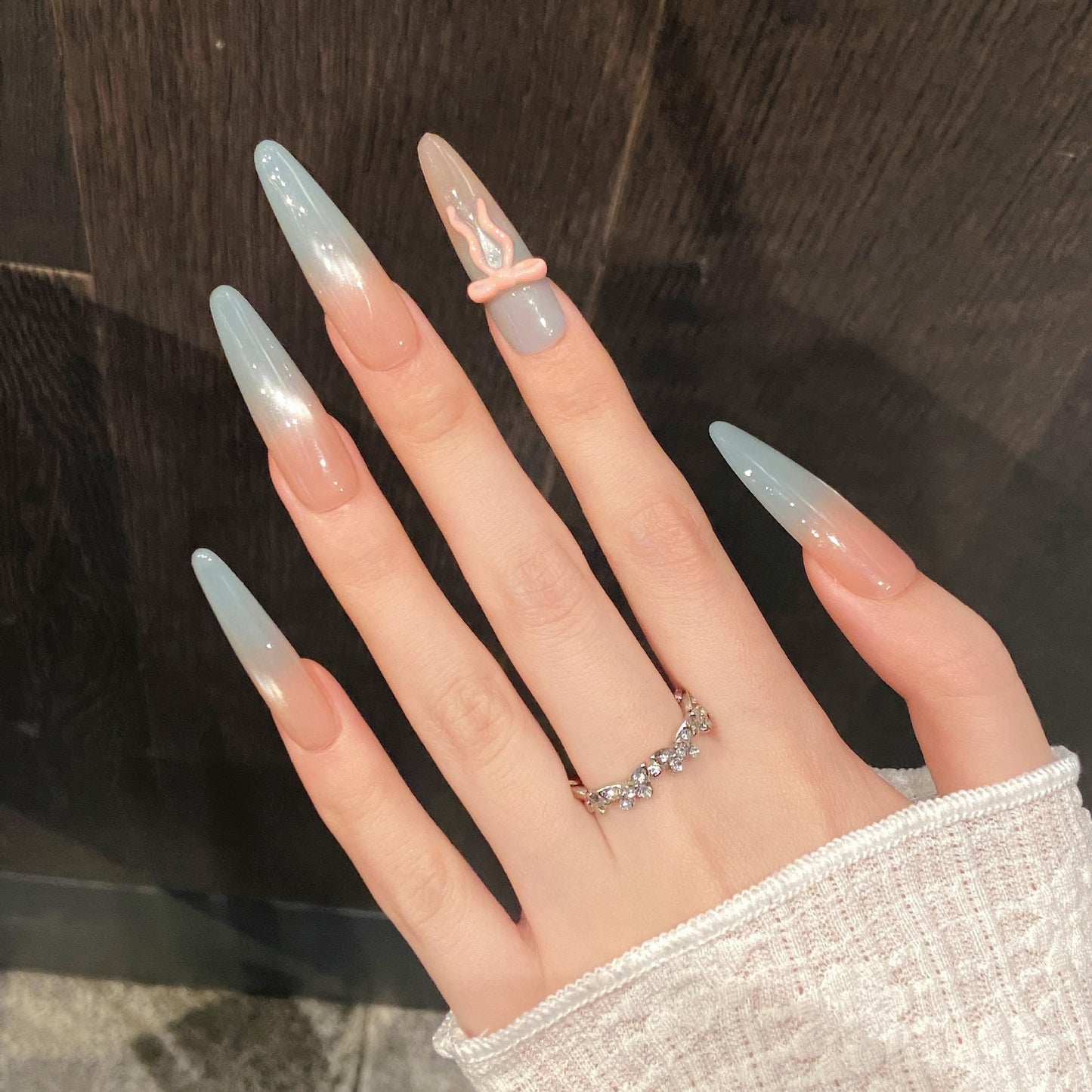 Nails 047-Cold Mist Bow Girly Dreamy Nail Art