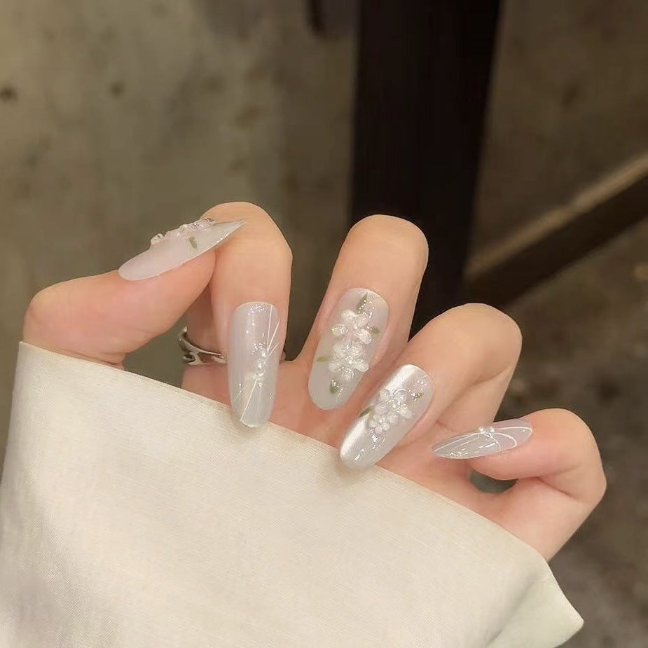 Nails 231-Gardenia Tea Smoothie Flower Cat Eye Nail Art
