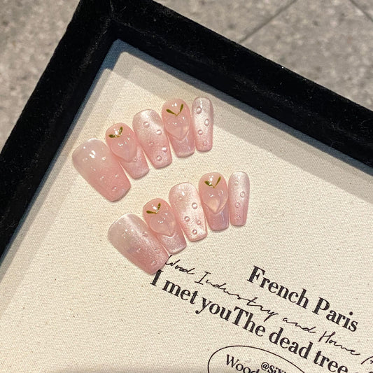 Nails 041-Ice Translucent Peach Blush Girly Pink Short Nail Art