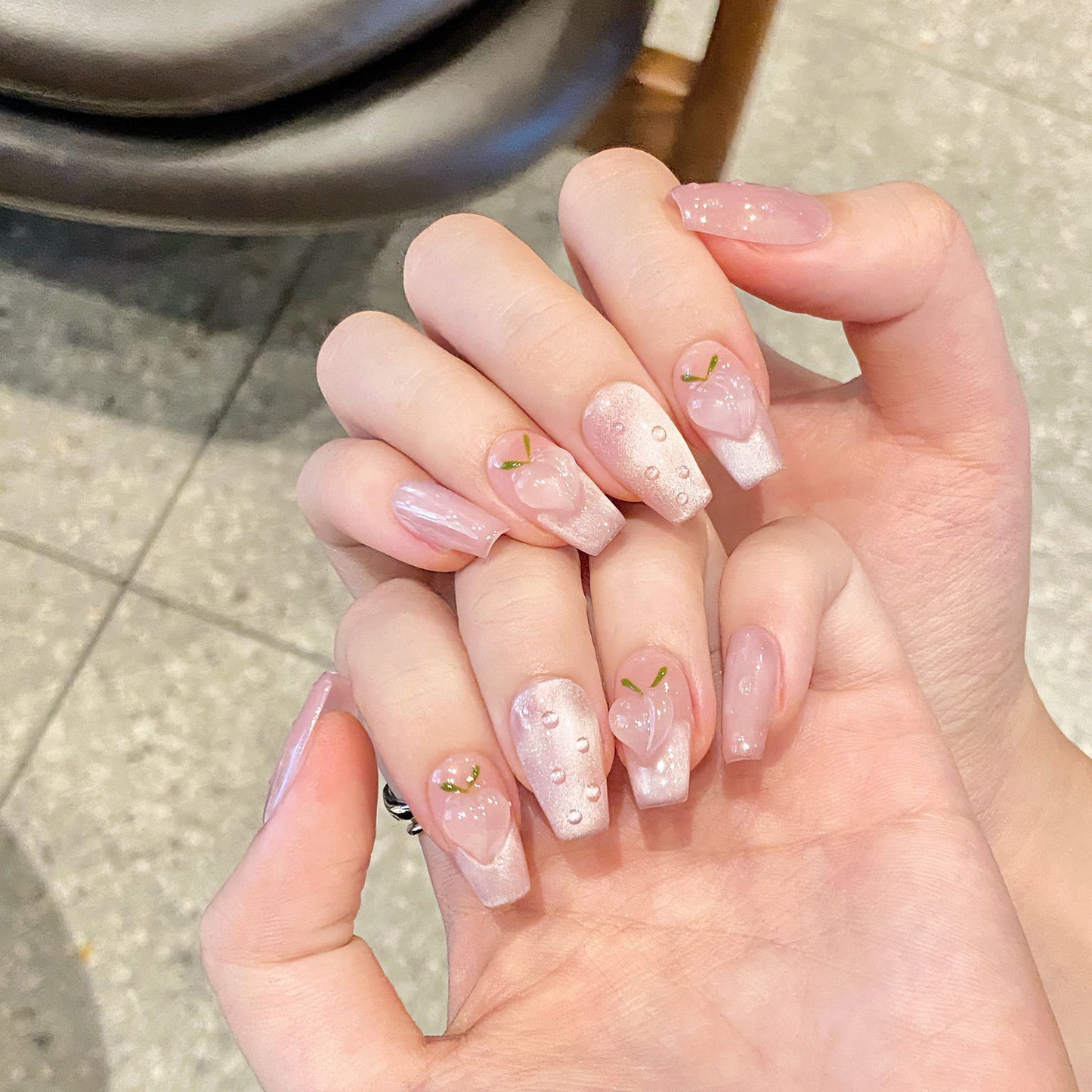Nails 041-Ice Translucent Peach Blush Girly Pink Short Nail Art