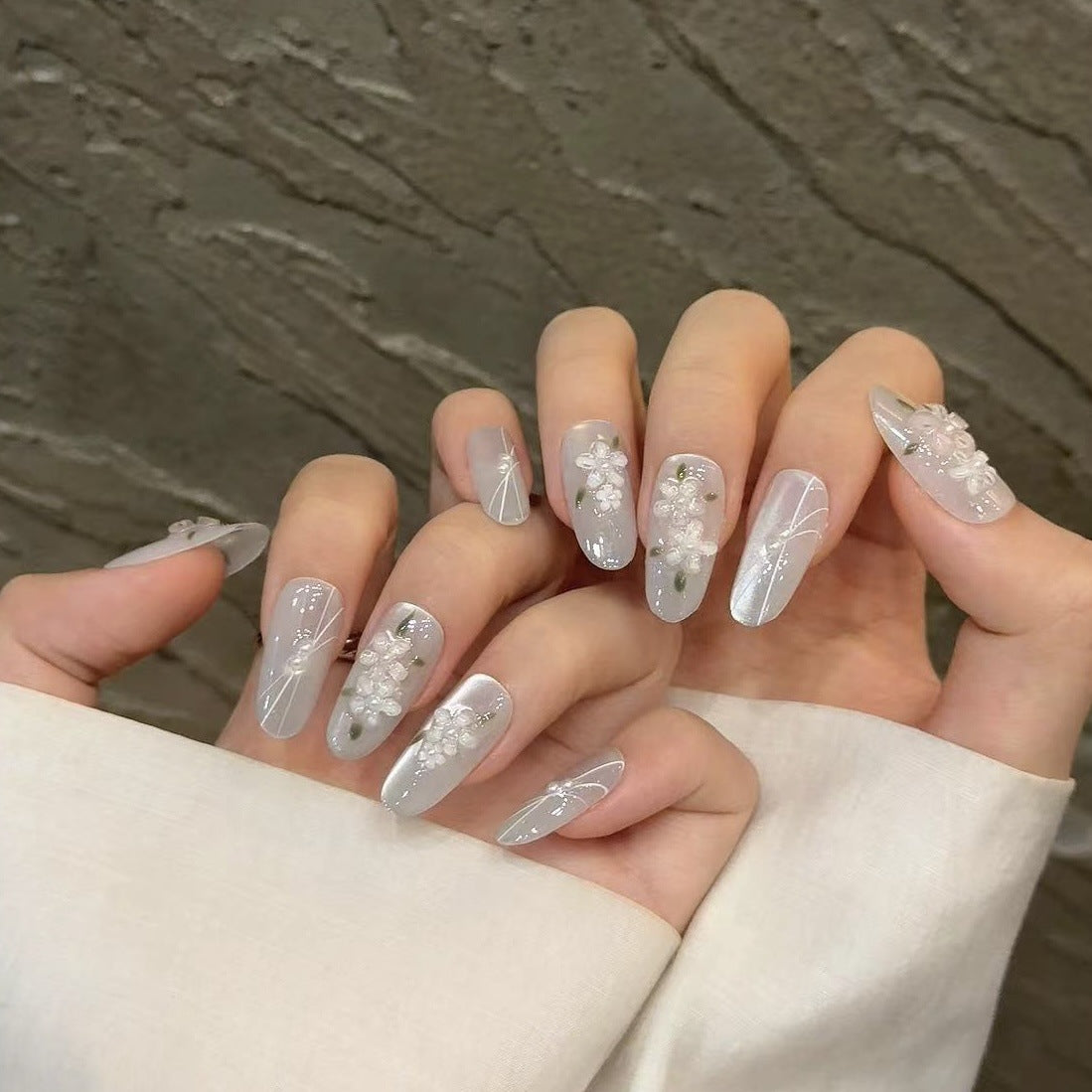 Nails 231-Gardenia Tea Smoothie Flower Cat Eye Nail Art