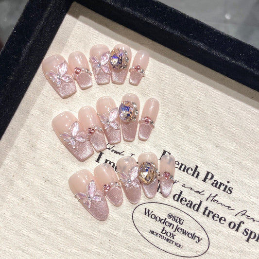 Nails 138-Summer Nights Long Dreams Hand Painted Ice Crystals Butterfly Nail Art
