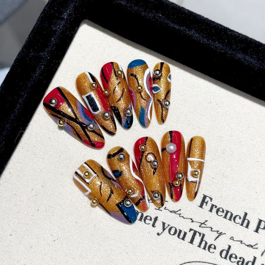 Nails 132-Egyptian Prince Line Patchwork Colour Manicure