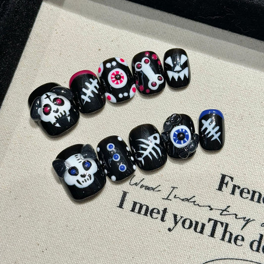 Nails 013-Halloween Pumpkin Skeleton Hand Painted Nail Art