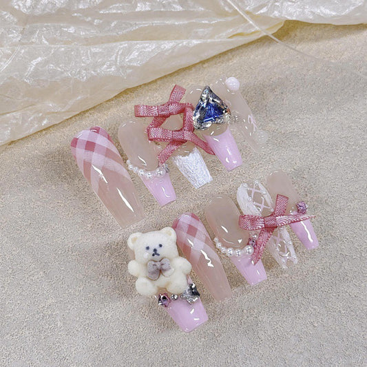 Nails 095-Pink Bear Ballet French Butterfly Patch Nail Art