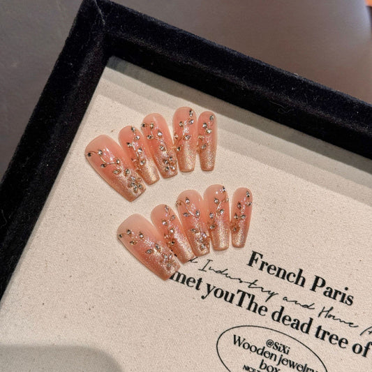 Nails 219-Moonlight Star River Horse Eye Zirconia Champagne Gradient Nail Art