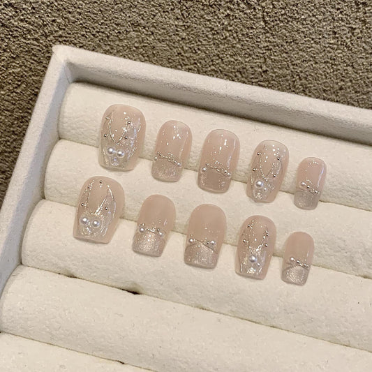 Nails 022-Mermaid Pearls French Cat Eye Hand-Painted Nail Art