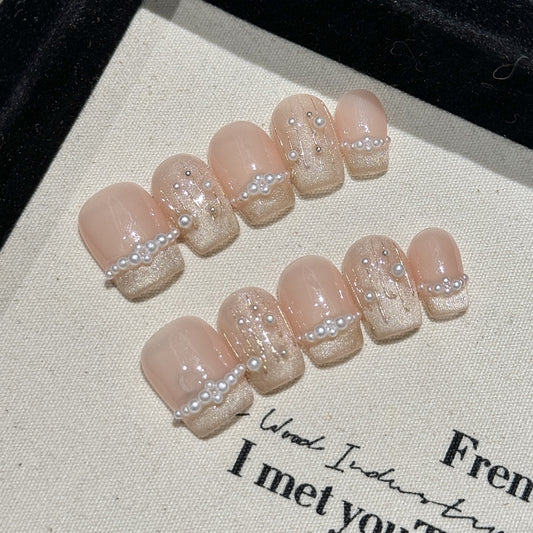 Nails 217-Twilight Tunes French Hand Painted Bow Pearl Nail Art
