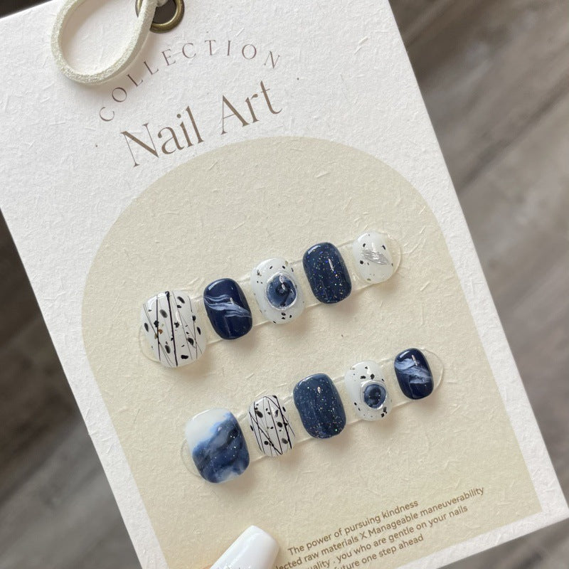 Nails 068-Blue and Black Clash Inked Bamboo Nail Art