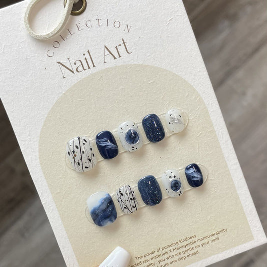 Nails 068-Blue and Black Clash Inked Bamboo Nail Art