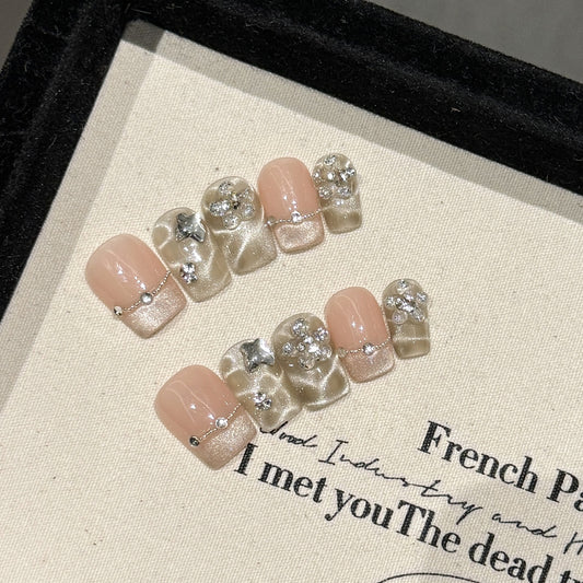 Nails 023-Mermaid Princess Ice Translucent Burst Glitter Nude Spa Manicure