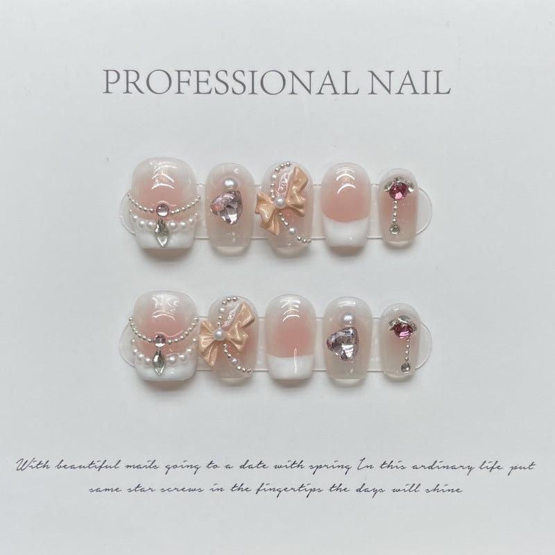 Nails 066-Pure Lust Blush Bow Pop Glitter Nail Art