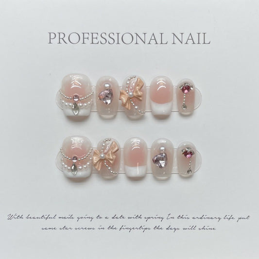 Nails 066-Pure Lust Blush Bow Pop Glitter Nail Art
