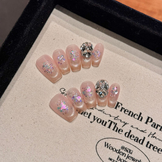 Nails 133-Seine River Genie Crystals Cat's Eye Pop Glitter Manicure