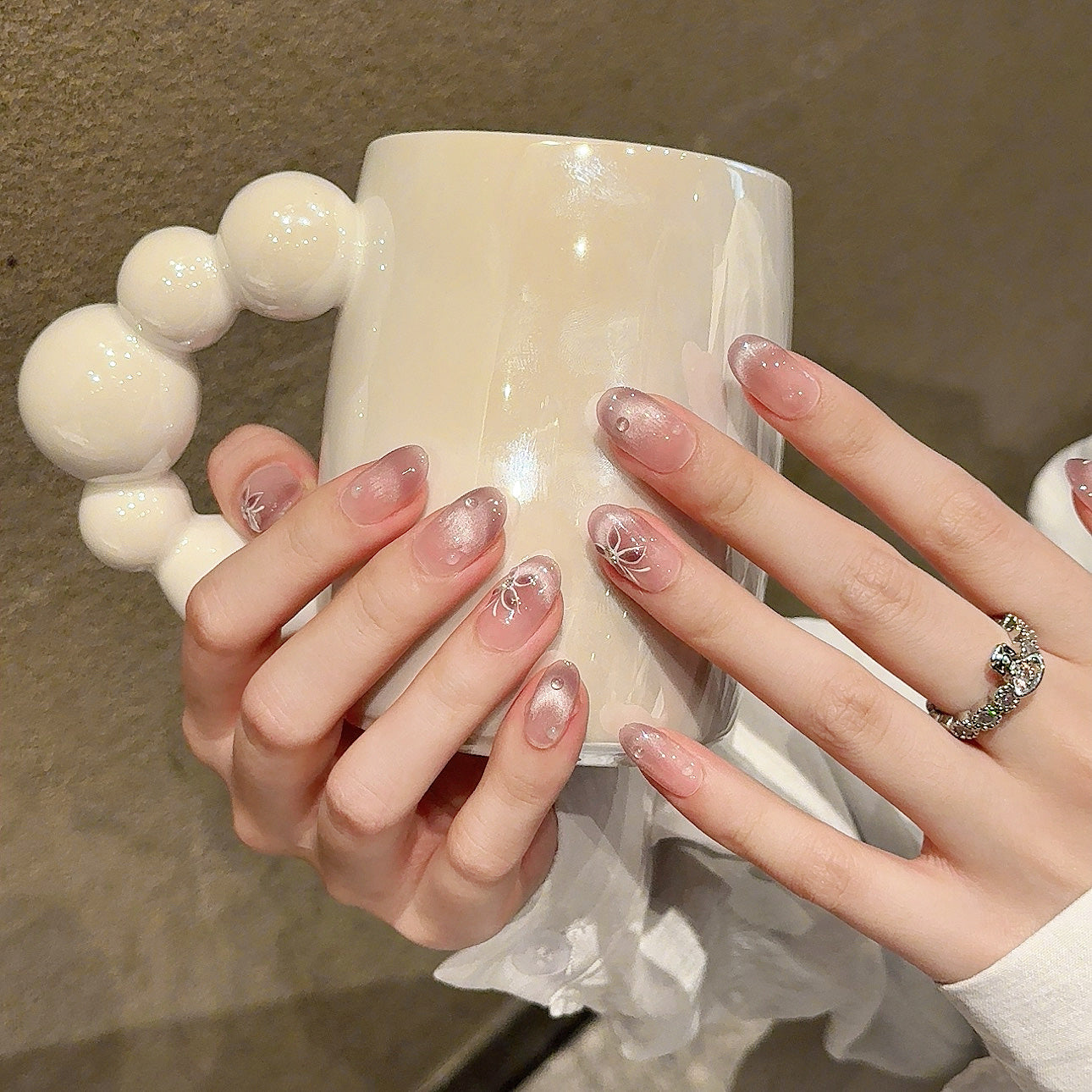 Nails 232-Peachy Butterfly Glass Bead Manicure