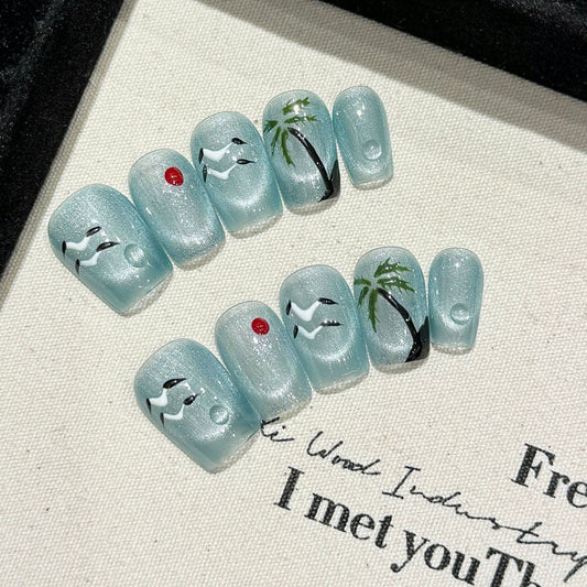 Nails 239-Under the Coconut Tree Blue Coconut Tree Small Fresh Nail Art