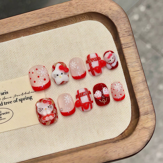 Nails 306-Christmas kitty cat red manicure