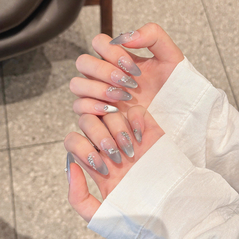 Nails 285-Grey and Blue Crushed Diamond French Cat Eye Manicure