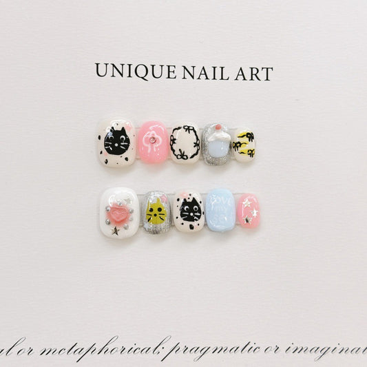 Nails 335-Cute Hand Painted Cat Nail Art