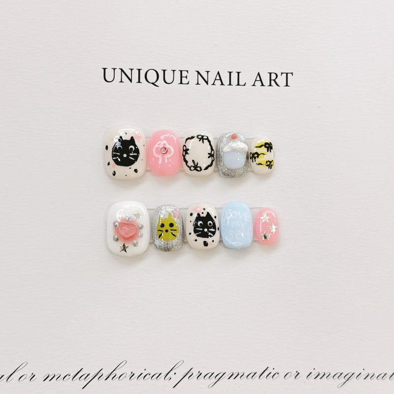 Nails 335-Cute Hand Painted Cat Nail Art