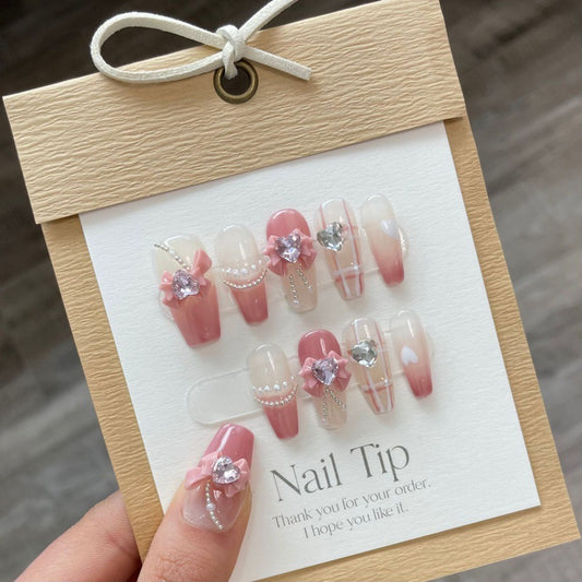 Nails 078-Spring Letter of Pure Desire Pink Plaid Manicure