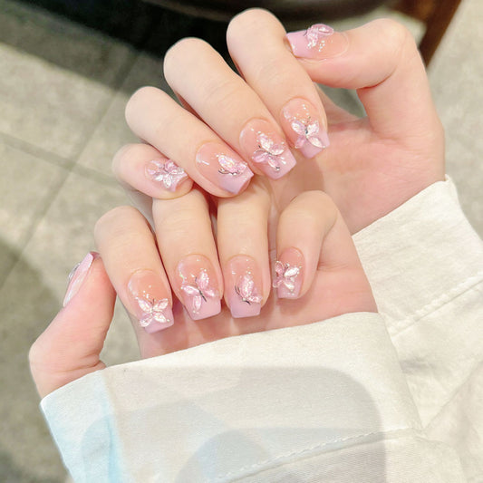 Nails 177-Cat Eye White Short Butterfly Nail Art