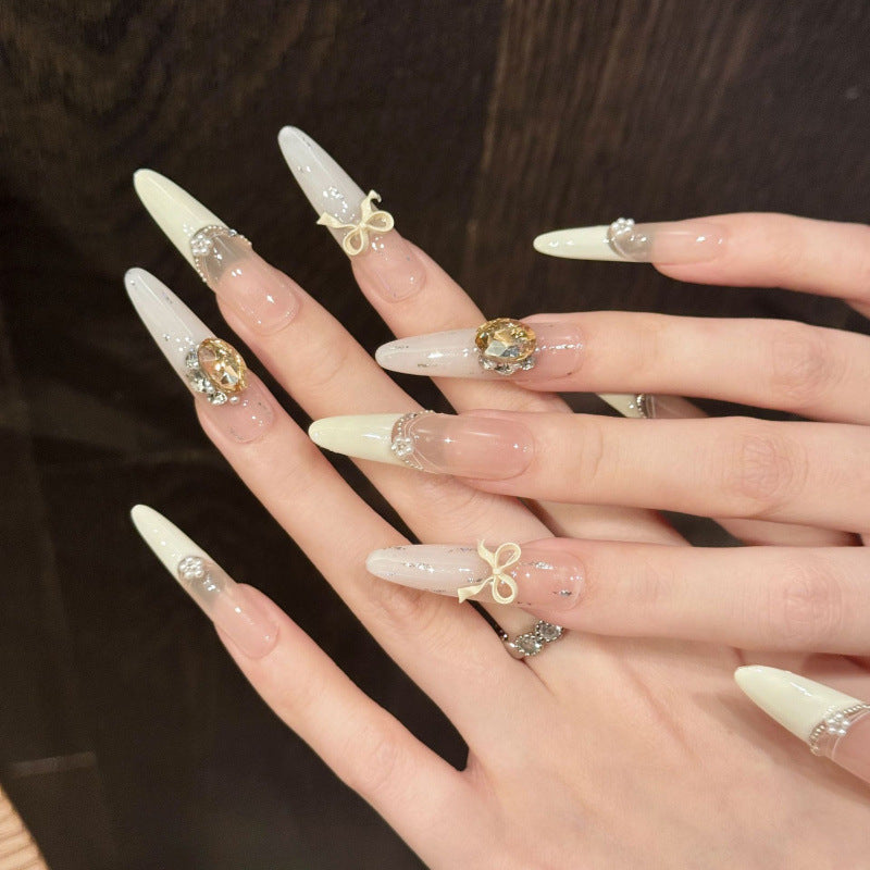 Nails 141-Creamy Yellow French Sweet Girl Bow Nail Art