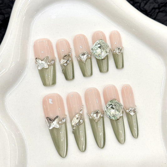 Nails 241-Olive Green Gemstone Mint Green Lake Blue Glitter Nail Art