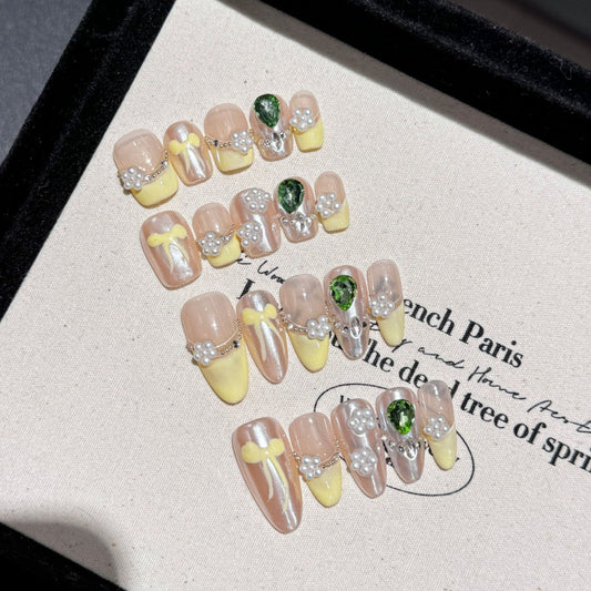 Nails 298-Pearl Hand Painted Bow Nail Art