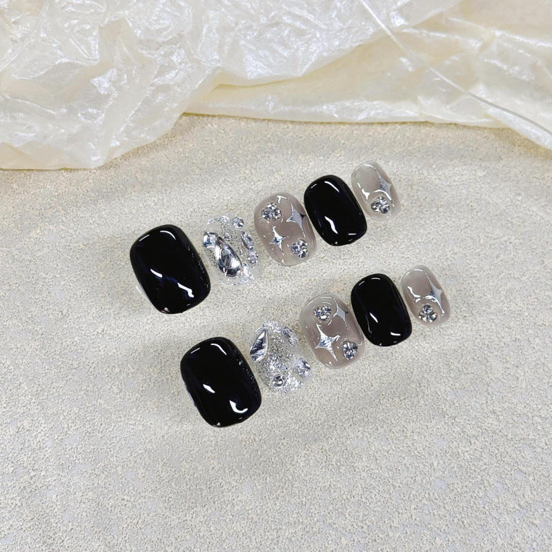 Nails 073-Black Burst Glitter Diamond Quadrangle Halo Short Manicure